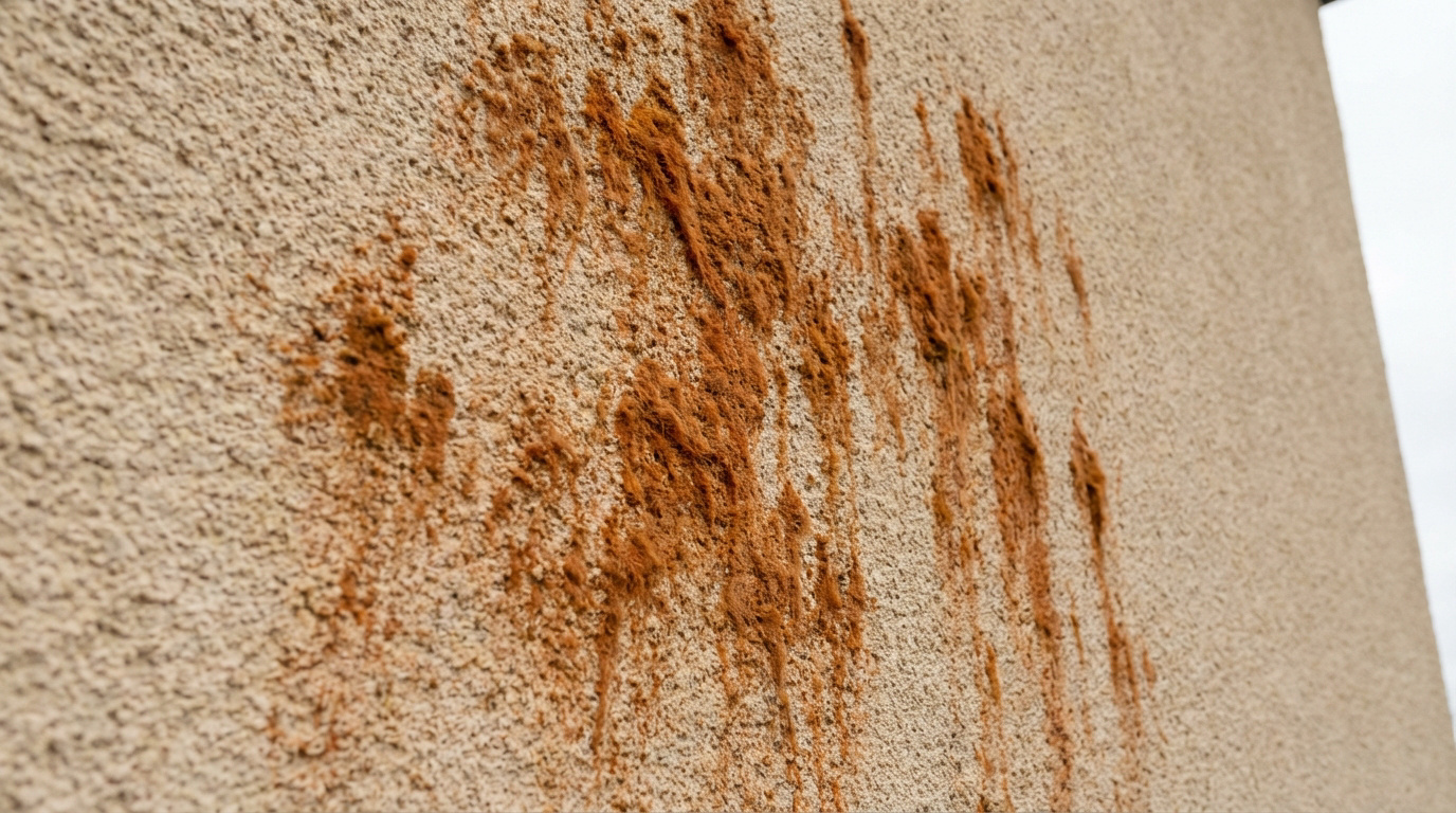 Mur extérieur crépi beige recouvert de larges traînées et de dépôts fibreux brun-rougeâtre, signes de prolifération d'algues.