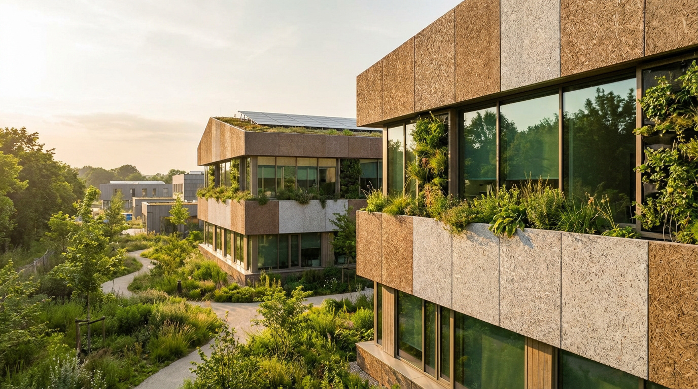 Immeubles modernes et écologiques en béton bois avec toits végétalisés, panneaux solaires et jardins luxuriants.
