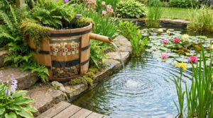 Filtre de bassin DIY en tonneau de bois, montrant les médias filtrants. L'eau s'écoule par un bec en bambou dans un bassin de nénuphars.