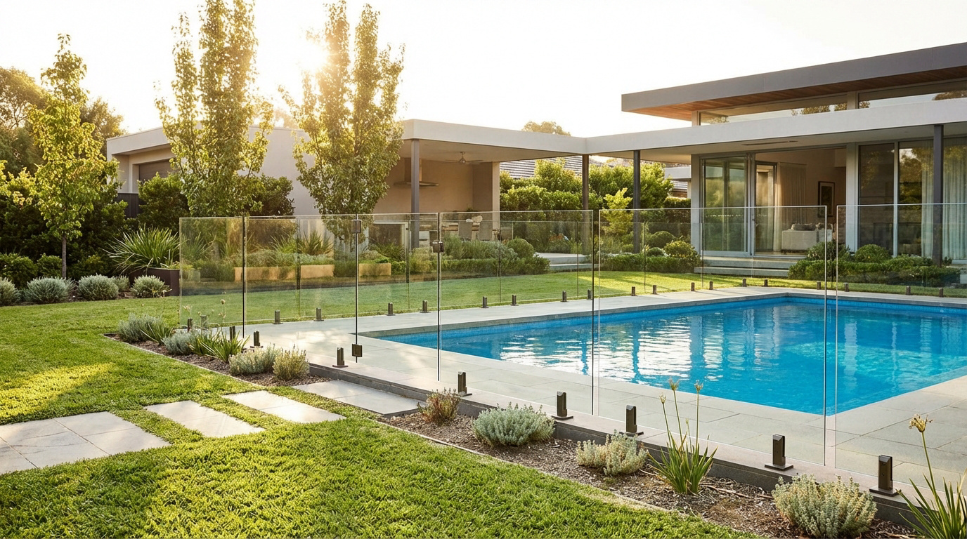 Piscine rectangulaire avec clôture de sécurité en verre, bordée d'un jardin verdoyant et d'une maison moderne baignée de soleil.