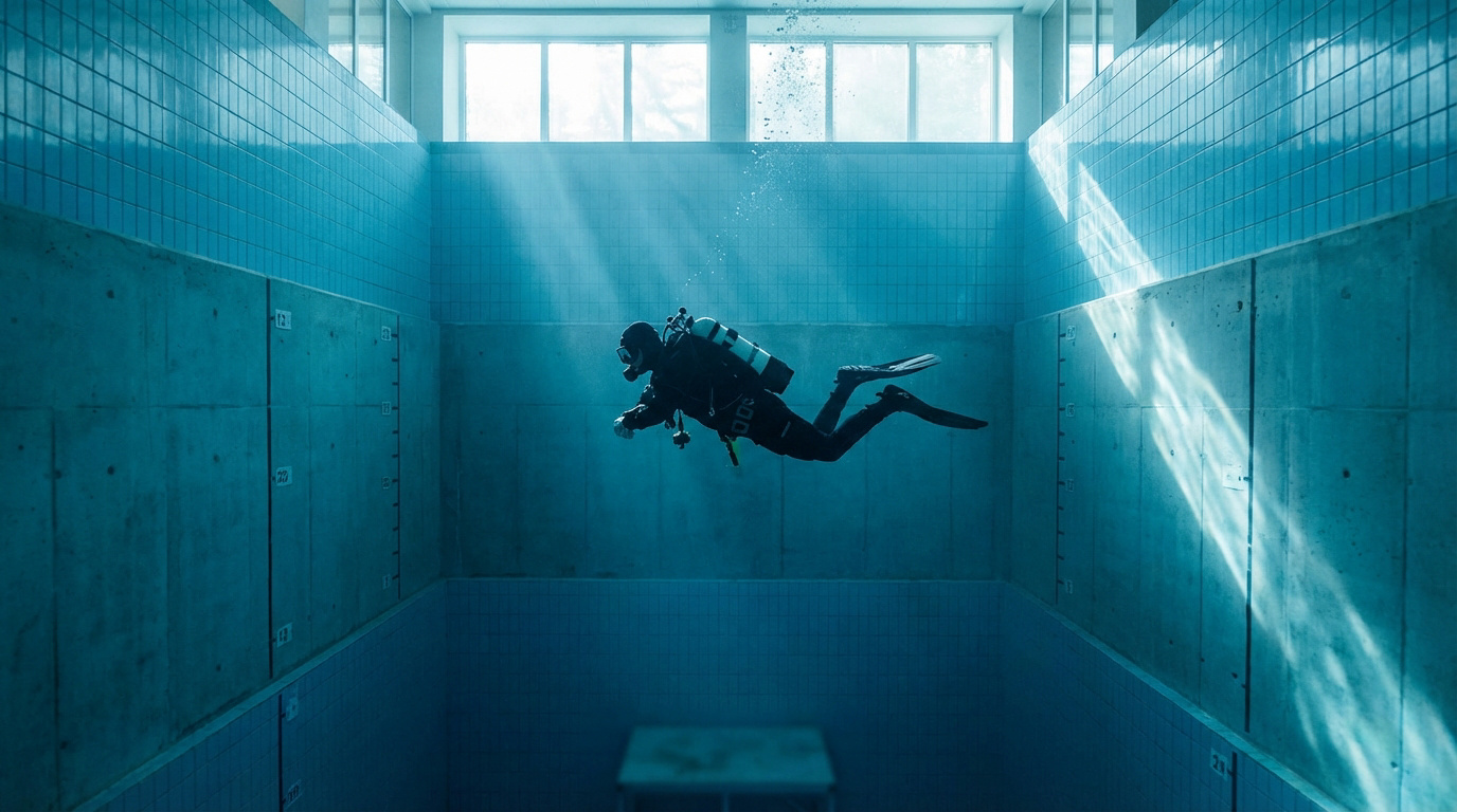 Un plongeur avec bouteilles et palmes flotte au centre d'une fosse de plongée profonde, aux murs carrelés et bétonnés, baignée de lumière naturelle.