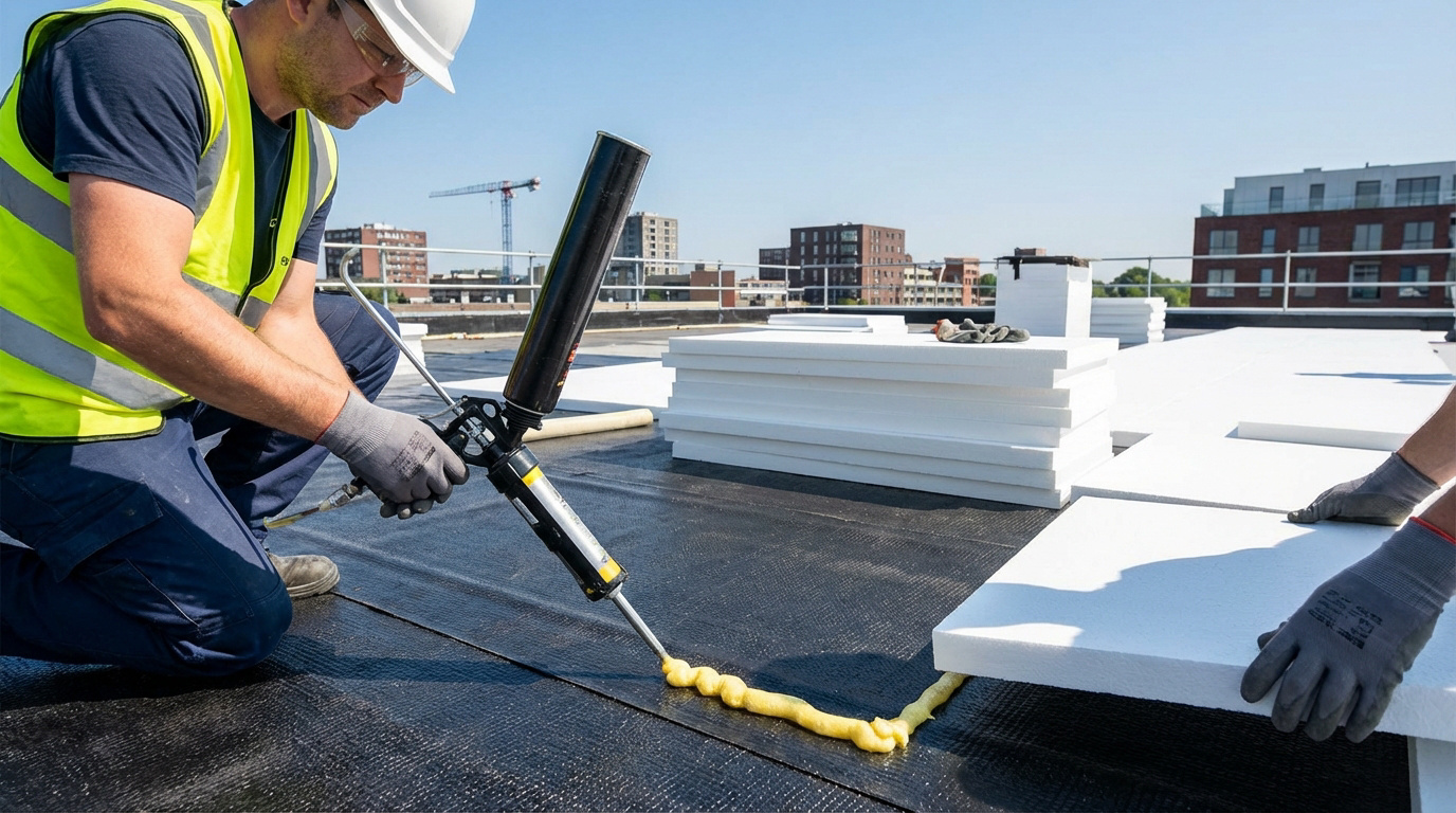 Ouvrier posant l'isolant de toiture avec un pistolet applicateur de colle mousse jaune sur une membrane noire. Panneaux d'isolation blancs.