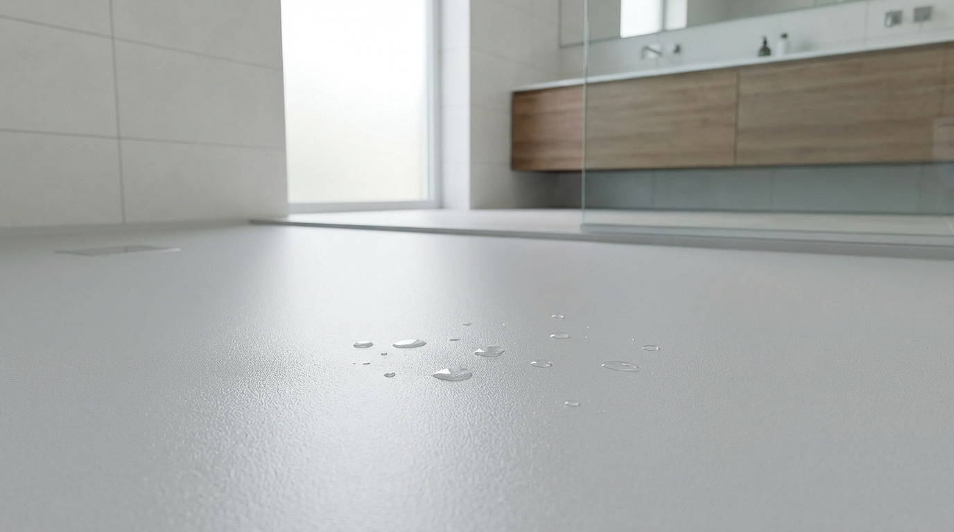 Sol de douche gris clair en résine, des gouttes d'eau perlent à la surface. Arrière-plan flou d'une salle de bain moderne.