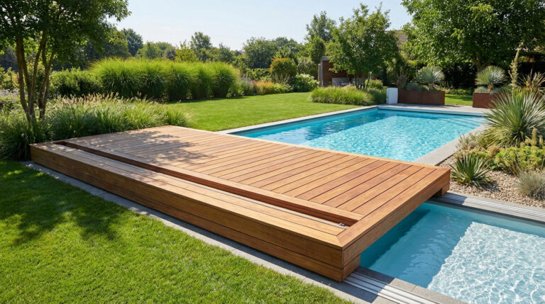 Piscine moderne avec une élégante terrasse coulissante en bois partiellement ouverte, entourée d'un jardin luxuriant et ensoleillé.